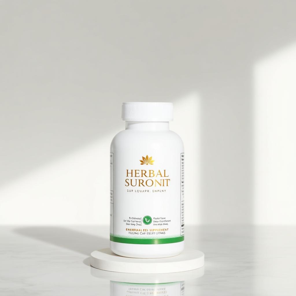 Botol suplemen herbal putih dengan label emas