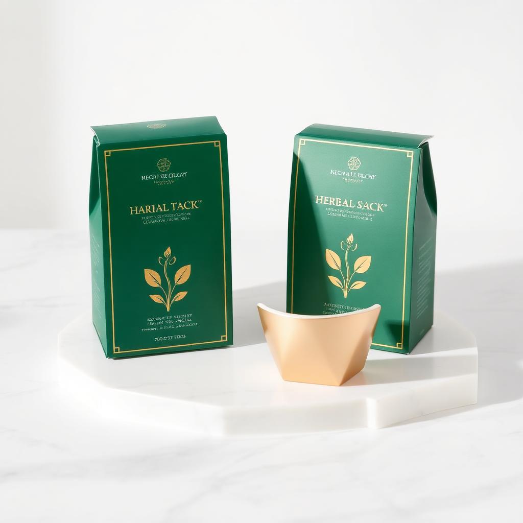 Kemasan teh herbal detoks hijau zamrud dengan aksen emas